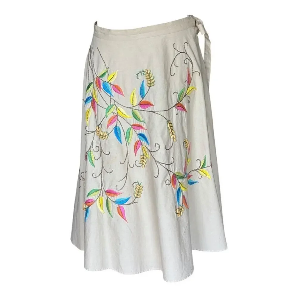 BCBGMAXAZRIA Floral Embroidered Flared A-Line Skirt Tan Neutral 100% Cotton L